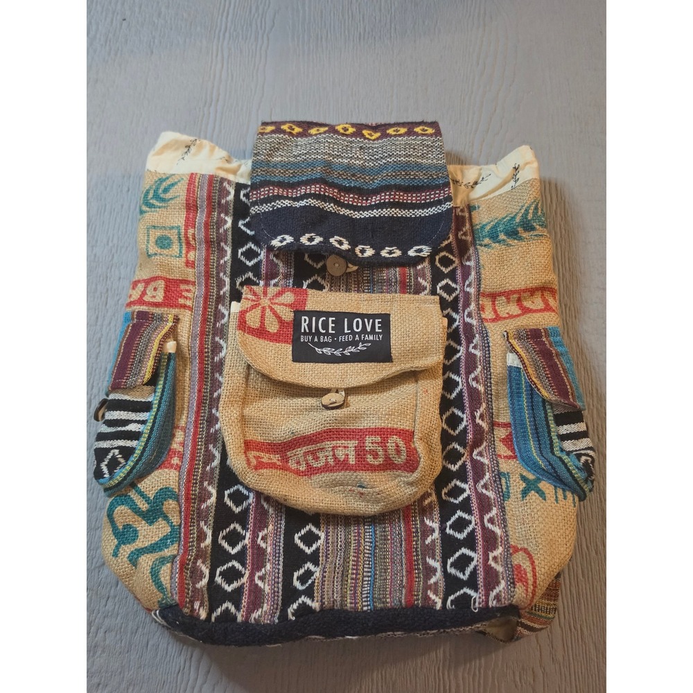 Rice Love Upcycled Burlap Backpack Woven Boho Jute Rucksack Multi Color